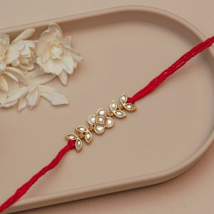Elegant Kundan Rakhi for Brother – Handcrafted Floral Motif with Red Thread for Raksha Bandhan