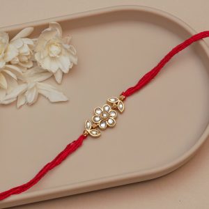 Traditional Floral Kundan Rakhi for Brother – Handcrafted Red Thread Rakhi with Pearl Stone Design