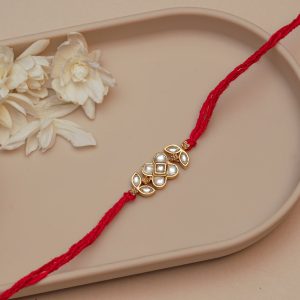 Classic Kundan Rakhi for Brother – Red Thread Rakhi with Diamond Motif and Pearl Stone Work