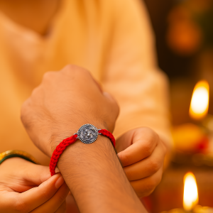 Eternal Knot Rakhi – Round Oxidized Silver Rakhi with Braided Red Thread | Symbol of Unity & Protection