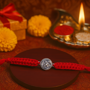Antique Round Cross-Knot Rakhi on Handcrafted Red Thread