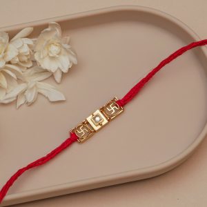 Swastik Rakhi for Brother – Traditional Red Thread Rakhi with Golden Swastik & Stone Design