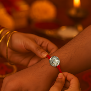 Om Round Rakhi – Oxidized Silver Charm with Cosmic Design on Red Thread