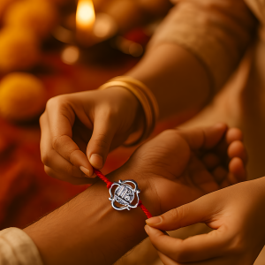 Shree Symbol Rakhi – Oxidized Silver Lotus-Frame Charm on Red Thread