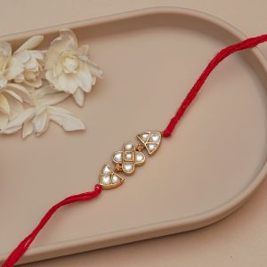 Geometric Kundan Rakhi for Brother – Handcrafted Red Thread Rakhi with Diamond & Triangle Motif