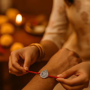Leaf-Shaped Om Rakhi – 925 Silver Rakhi with Intricate Detailing