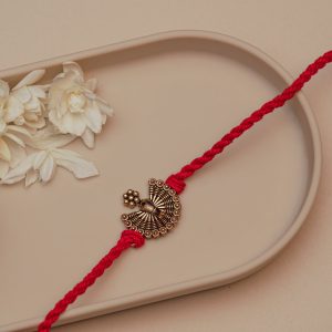 Antique Peacock Rakhi for Brother – Red Thread Rakhi with Traditional Oxidized Design