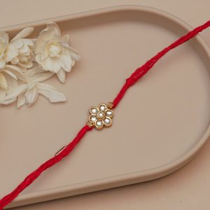 Minimal Floral Kundan Rakhi for Brother – Elegant Red Thread Rakhi with Pearl Stone Centerpiece