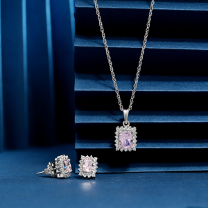 925 square light pink with cz stone chain p.set
